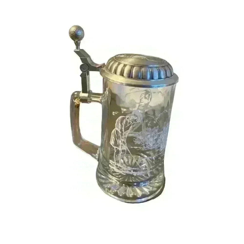 COPY - Vintage 1980s ALWE German Etched Beer Stein Golf Theme Pewter Lid
